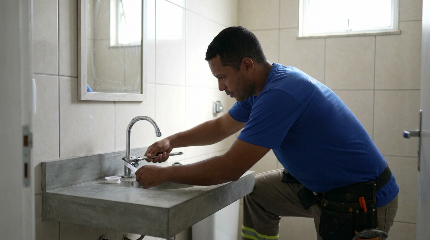 Encanador instalando torneira em Americana‑SP